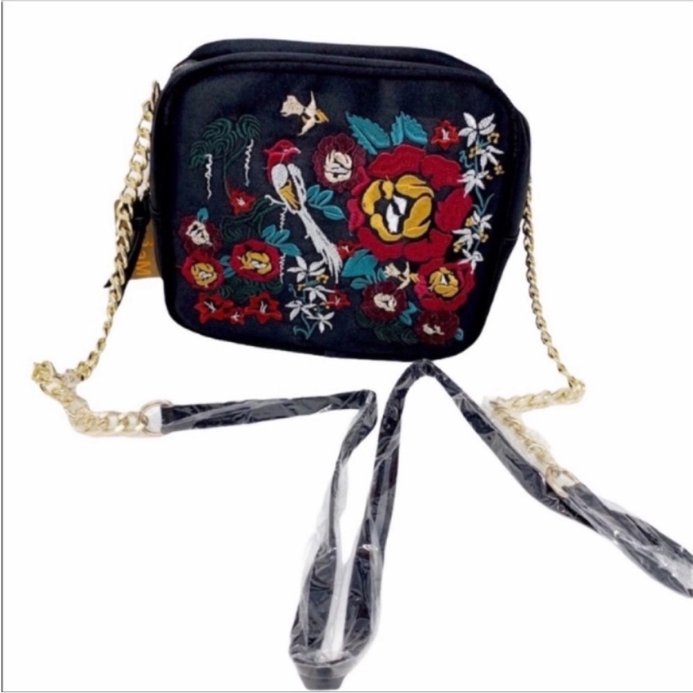 Satin bird floral embroidery mini bag NEW